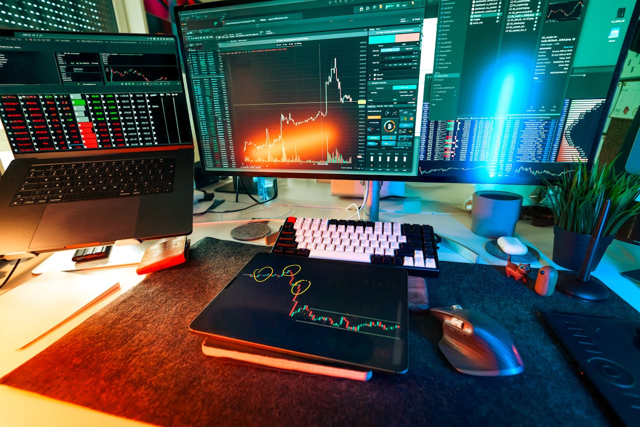 Blockchain Market Analysis Fintech Workspace home office interior computer equipment laptop tablet